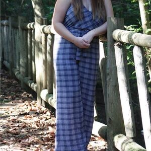 Women's Blue Plaid Houndstooth Jumpsuit